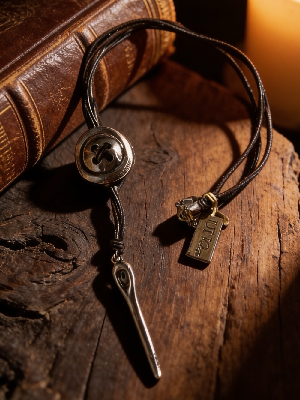 “Sew You” by UNO de 50 Genuine Leather Necklace with Silver Button & Needle